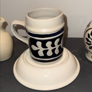 Williamsburg Pottery Mug Grey Background with Navy Cobalt Blue  Glaze Accents